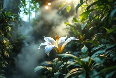The primary subject of the image is a white flower, likely a lily, with a yellow center, growing in a forest. The setting is a lush green forest with trees and plants surrounding the flower. The visual style is a close-up of the flower, showcasing its details. The colors and mood of the image are predominantly green and natural, creating a serene and peaceful atmosphere.