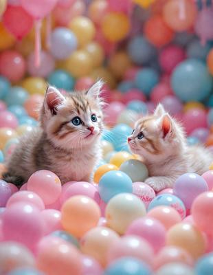 The primary subject of the image is a pair of kittens sitting in a pile of pink and yellow balls. The setting is a playful and colorful environment, with the kittens surrounded by the balls. The visual style appears to be a photo, capturing the kittens in their playful moment. The colors and mood of the image are vibrant and cheerful, with the pink and yellow balls adding a sense of warmth and fun to the scene.
