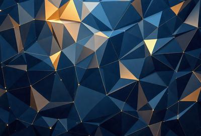 The primary subject of the image is a blue and gold geometric pattern. The setting is a blue background, and the visual style appears to be a digital art or illustration. The dominant colors are blue and gold, creating a vibrant and lively atmosphere.