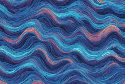 The primary subject of the image is a blue and orange water-like pattern, which appears to be a digital art or illustration. The setting is a blue background, and the visual style is a combination of digital art and illustration. The dominant colors are blue and orange, creating a vibrant and lively atmosphere.