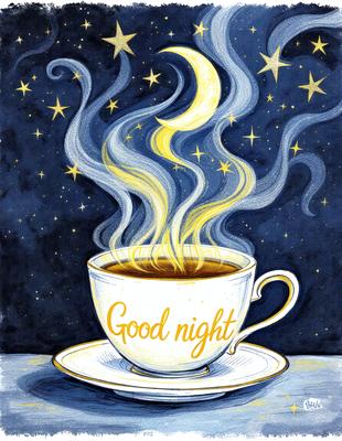The primary subject of the image is a cup of coffee, which is placed on a saucer. The setting is a nighttime scene, with a starry sky visible in the background. The visual style is a combination of digital art and illustration, creating a whimsical and artistic atmosphere. The colors are predominantly dark, with the starry sky providing a touch of brightness and contrast. The overall mood of the image is cozy and inviting, as it captures the essence of a good night's