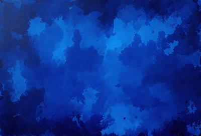 The primary subject of the image is a blue sky with clouds. The setting is a blue background, and the visual style is a painting or drawing. The colors and mood are predominantly blue, creating a calm and serene atmosphere.