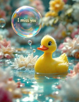 The primary subject of the image is a yellow rubber duck floating on a body of water. The setting is a garden with flowers surrounding the duck. The visual style is a digital art illustration, creating a whimsical and playful atmosphere. The colors are predominantly yellow and pink, with the flowers adding a touch of green.