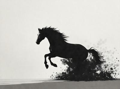 The primary subject of the image is a black horse with a flowing mane, captured in motion as it gallops across a sandy surface. The setting is a beach, with the horse's silhouette visible against the backdrop of the sand. The visual style is a black and white illustration, giving the image a timeless and classic feel. The dominant colors are black and white, with the horse's mane and tail adding a touch of contrasting color. The overall atmosphere of the image is dynamic and ener