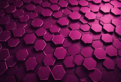 The primary subject of the image is a purple wall with a pattern of hexagons. The setting is a room with a purple background, and the visual style appears to be a combination of a photo and digital art. The dominant colors are purple and pink, creating a warm and inviting atmosphere.