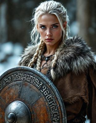 The primary subject of the image is a woman wearing a brown and gold armor, holding a shield. She has blonde hair and is looking at the camera. The setting is outdoors, with trees in the background. The visual style is a combination of photo and digital art, creating a unique and intriguing scene. The colors and mood of the image are warm and dramatic, with the woman's armor and shield adding a sense of strength and protection.