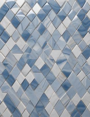 The primary subject of the image is a blue and white tile wall. The setting is a room with a blue and white tile backdrop. The visual style is a close-up of the tile wall, showcasing the intricate design and patterns. The dominant colors are blue and white, creating a clean and modern atmosphere.