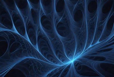 The primary subject of the image is a blue, swirling, and intricate pattern. The setting is a dark background, which contrasts with the vibrant blue color of the pattern. The visual style appears to be a digital art or illustration, as the pattern is detailed and complex. The colors and mood of the image are predominantly blue, creating a sense of calmness and tranquility.