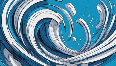 The primary subject of the image is a large, swirling wave with white foam. The wave is depicted in a blue ocean, creating a sense of depth and motion. The setting is a vast, open water body, with no visible land or other objects in the background. The visual style of the image is a combination of digital art and illustration, showcasing the artist's skill in capturing the dynamic nature of the wave. The dominant colors in the image are blue and white, with the blue ocean providing a cal