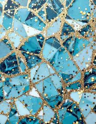 The primary subject of the image is a blue and gold mosaic pattern. The setting is a blue and gold background, which creates a visually appealing contrast with the pattern. The visual style is a combination of digital art and illustration, as the pattern is intricately designed and the colors are vibrant. The dominant colors are blue and gold, creating a sense of luxury and elegance.