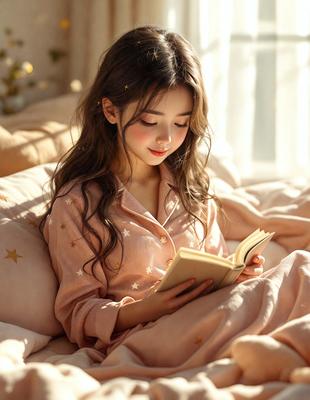 The primary subject of the image is a young woman lying in bed, reading a book. She is wearing a pink shirt and appears to be enjoying her time. The setting is a bedroom, with a bed visible in the background. The visual style is a photo, capturing the woman's relaxed and focused demeanor as she reads. The colors in the image are predominantly pink, creating a warm and cozy atmosphere.