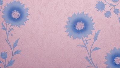The primary subject of the image is a wall with a pink background and a pattern of blue flowers. The setting is indoors, likely in a room with a decorative theme. The visual style appears to be a combination of digital art and illustration, creating a unique and artistic appearance. The dominant colors are pink and blue, giving the wall a warm and inviting atmosphere.