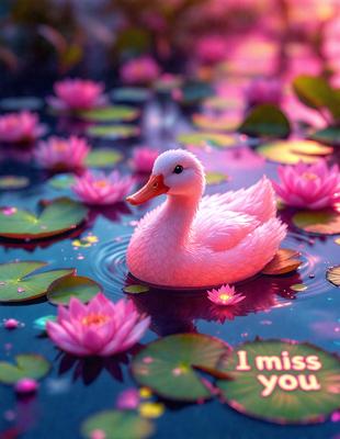 The primary subject of the image is a pink duck floating on a pond surrounded by flowers. The setting is a pink and purple water lily pond, creating a serene and peaceful atmosphere. The visual style is a digital art illustration, with the duck and flowers being the main focus of the image. The colors and mood are predominantly pink and purple, giving the scene a warm and inviting feel.