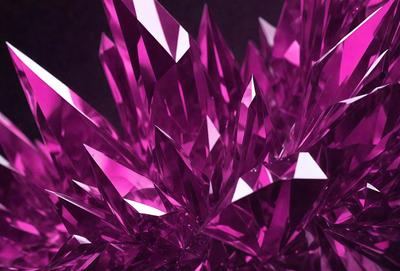 The primary subject of the image is a large, pink, crystal-like structure with multiple facets. The setting is a dark background, which contrasts with the bright pink color of the crystal. The visual style appears to be a combination of a photo and digital art, as the image has a realistic appearance with a hint of digital manipulation. The colors and mood of the image are predominantly pink, creating a warm and vibrant atmosphere.