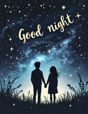 The primary subject of the image is a man and a woman standing together in a field at night. They are holding hands, creating a sense of connection and intimacy. The setting is a grassy field with a night sky in the background, providing a serene and peaceful atmosphere. The visual style of the image is a combination of photo and digital art, giving it a unique and artistic appearance. The colors in the image are predominantly dark, with the night sky and the couple's clothing, creating a mood
