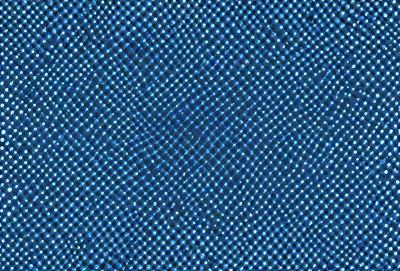 The primary subject of the image is a blue fabric with a pattern of small circles. The setting is a close-up of the fabric, showcasing its intricate design. The visual style is a detailed, up-close view of the fabric, which gives it a textured and artistic appearance. The colors and mood of the image are predominantly blue, creating a calm and soothing atmosphere.