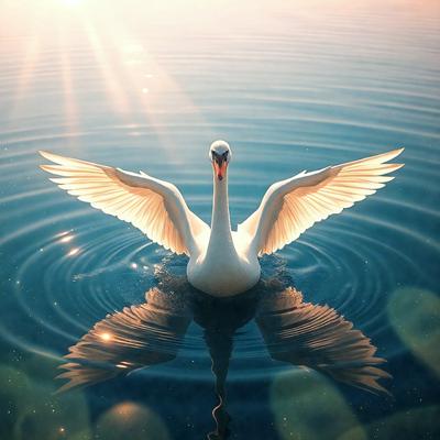 The primary subject of the image is a white bird, likely a swan, with its wings spread wide in the water. The bird is the main focus of the scene, and its wings are spread across the entire image. The setting is a body of water, with the bird floating on the surface. The visual style of the image is a combination of photo and digital art, creating a realistic yet artistic representation of the bird in its natural habitat. The colors and mood of the image are predominantly blue and serene, reflect