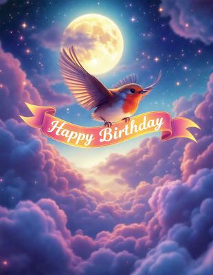 The primary subject of the image is a bird, specifically a robin, flying in the sky. The bird is positioned in the center of the image, with its wings spread wide. The setting is a beautiful, colorful sky with clouds, creating a serene and lively atmosphere. The visual style of the image is a combination of digital art and illustration, giving it a vibrant and artistic appearance. The dominant colors in the image are shades of pink, purple, and blue, which contribute to the overall