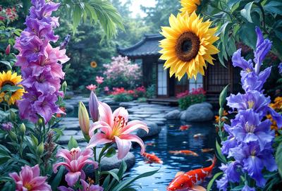 The primary subject of the image is a beautiful garden with a pond, surrounded by a variety of flowers and plants. The garden is set in a serene environment, with a traditional Chinese house nearby. The visual style of the image is a combination of photo and digital art, creating a vibrant and lively atmosphere. The dominant colors in the scene are pink, purple, yellow, and orange, which contribute to the overall mood of the garden.