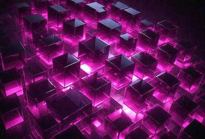 The primary subject of the image is a large, pink, three-dimensional structure made of square blocks. The setting is a dark room, and the visual style appears to be a digital art or illustration. The dominant colors in the image are pink and purple, creating a warm and inviting atmosphere.