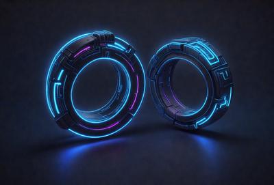 The primary subject of the image is a pair of neon blue rings. The setting is a dark background, which contrasts with the bright blue rings. The visual style is digital art, as the rings appear to be computer-generated. The dominant colors and overall atmosphere are vibrant and futuristic.