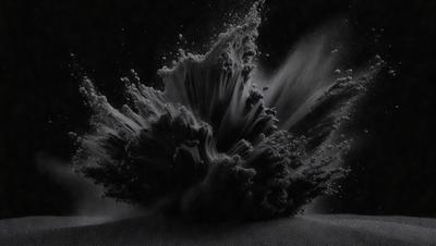 The primary subject of the image is a large, black, and white splash of water, which appears to be a water drop or a wave. The setting is a black and white photo, giving it a classic and timeless feel. The visual style is a combination of photo and digital art, creating a unique and artistic representation of the water splash. The colors and mood of the image are predominantly black and white, with a hint of gray, giving it a dramatic and moody atmosphere.