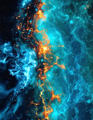 The primary subject of the image is a blue and orange nebula, which is a swirling mass of gas and dust in space. The setting is a dark, starry sky, with the nebula as the main focus. The visual style is a combination of a photo and digital art, creating a unique and captivating image. The dominant colors are blue and orange, giving the scene a vibrant and lively atmosphere.