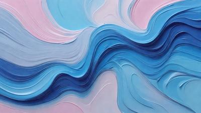 The primary subject of the image is a painting of a blue and white wave. The setting is a canvas, and the visual style is a painting. The dominant colors are blue and white, creating a calming and serene atmosphere.