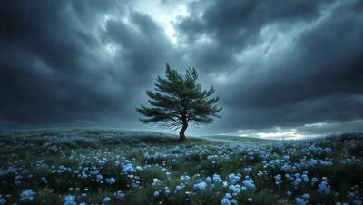 Primary subject: A lone tree in a field of flowers.

Setting/background: The tree is surrounded by a field of flowers, creating a serene and picturesque scene.

Visual style: The image is a photo of the tree and the field of flowers.

Colors and mood: The dominant colors are blue and purple, creating a calm and peaceful atmosphere.