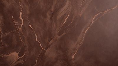 The primary subject of the image is a brown leather surface with a pattern of swirls and curves. The setting is a room with a wooden floor, and the visual style is a close-up of the leather surface. The colors and mood of the image are warm and earthy, with the brown leather being the dominant color.