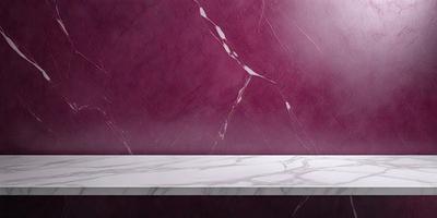 The primary subject of the image is a marble countertop with a purple marble wall behind it. The setting is a room with a purple wall, and the visual style is a photo. The colors and mood of the image are predominantly purple, creating a calm and elegant atmosphere.