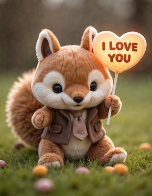 The primary subject of the image is a stuffed animal, specifically a teddy bear, wearing a brown jacket and holding a heart-shaped balloon. The setting is an outdoor environment, with the teddy bear standing on a grassy field. The visual style is a photo, capturing the teddy bear in a natural setting. The colors and mood of the image are warm and inviting, with the teddy bear and heart-shaped balloon symbolizing love and affection.