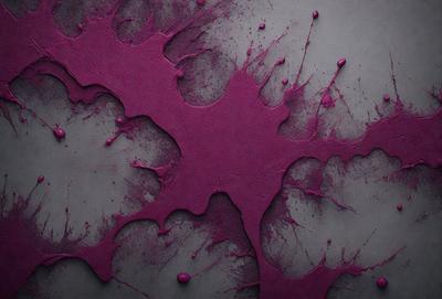 The primary subject of the image is a purple splatter pattern on a gray surface. The setting appears to be a gray wall or table, and the visual style is a close-up of the purple splatter pattern. The colors and mood of the image are predominantly purple, with a slightly darker tone, creating a moody and dramatic atmosphere.