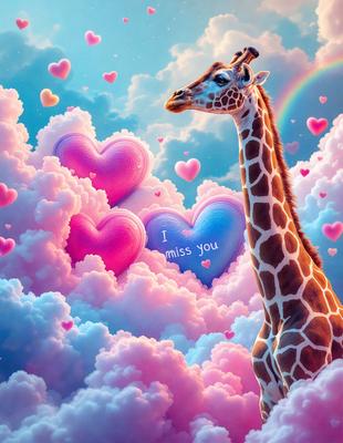 The primary subject of the image is a giraffe standing in a cloudy, pink and blue sky. The setting is a whimsical, heart-filled environment with clouds and hearts surrounding the giraffe. The visual style is a digital art or illustration, creating a vibrant and playful atmosphere. The colors and mood are predominantly pink and blue, with a touch of whimsy and warmth.