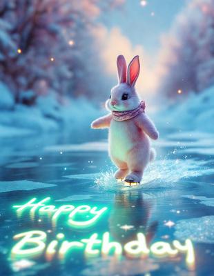 The primary subject of the image is a cute bunny rabbit. The setting is a snowy environment, with the rabbit walking on a snow-covered path. The visual style is digital art, as the rabbit is depicted in a whimsical and colorful manner. The colors and mood of the image are bright and cheerful, with the rabbit's white fur and the snowy background creating a sense of warmth and happiness.
