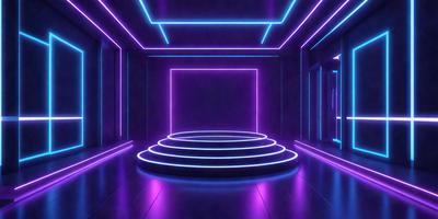 The primary subject of the image is a purple room with a circular light on the floor. The room appears to be a futuristic setting, possibly a club or a space-themed environment. The visual style of the image is digital art, as it is a computer-generated scene. The dominant colors in the image are purple and blue, creating a futuristic and vibrant atmosphere.