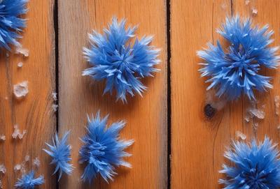 The primary subject of the image is a group of blue, fluffy, and round objects, which are likely pom poms. They are placed on a wooden surface, possibly a table or a wall. The setting appears to be indoors, and the visual style is a close-up of the pom poms. The colors and mood of the image are predominantly blue, giving it a calm and soothing atmosphere.