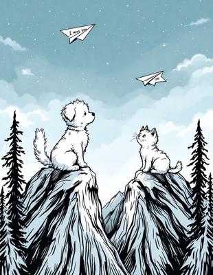 The image features two cute white dogs sitting on top of a hill, looking up at the sky. They are positioned close to each other, creating a sense of companionship. The dogs are looking at a kite flying in the sky, which adds a playful and joyful atmosphere to the scene. The overall visual style of the image is a combination of digital art and illustration, with the cute dogs and the kite in the sky as the main focus.