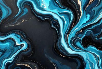The primary subject of the image is a blue and black swirling pattern, which appears to be a painting or a digital artwork. The setting is a black background, which contrasts with the vibrant colors of the swirling pattern. The visual style suggests that the image is a creative and artistic representation of the swirling pattern. The dominant colors are blue and black, creating a striking and visually appealing atmosphere.