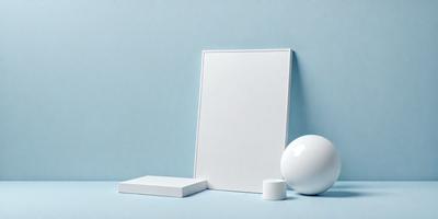 The primary subject of the image is a white framed mirror. The mirror is placed on a blue wall, which serves as the setting and background. The visual style of the image is a photo, capturing the details of the mirror and its surroundings. The colors in the image are predominantly blue, creating a calm and serene atmosphere.