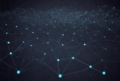 The primary subject of the image is a blue and white pattern, which appears to be a digital art or illustration. The setting is a dark background, which contrasts with the bright blue and white pattern. The visual style is modern and futuristic, with the blue and white pattern resembling a network or a web. The colors and mood of the image are predominantly blue and white, creating a sense of calmness and sophistication.