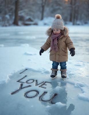 The primary subject of the image is a small child standing in the snow, wearing a coat and a scarf. The setting is a snowy environment, with the child standing on a snow-covered ground. The visual style of the image is a photo, capturing the child's presence in the snowy landscape. The colors and mood of the image are predominantly white and cold, reflecting the winter season and the child's attire.