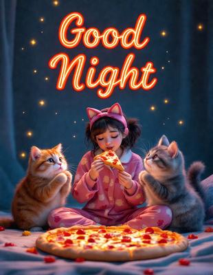 The primary subject of the image is a young girl sitting on a bed, eating a slice of pizza. She is wearing pajamas and is surrounded by two cats, one on her left and the other on her right. The setting is a cozy bedroom, and the visual style is a combination of photo and digital art. The colors are warm and inviting, creating a comfortable and relaxed atmosphere.