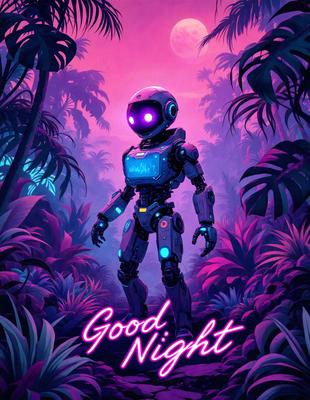 Good Night: A robot with a blue helmet standing in a purple jungle.