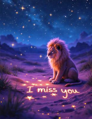 Primary subject: A lion sitting on a sandy surface.

Setting/background: The lion is sitting on a sandy surface, possibly a beach, with a night sky in the background.

Visual style: The image is a digital artwork, featuring a lion and a message written in the sand.

Colors and mood: The image has a purple and blue color scheme, creating a serene and peaceful atmosphere.