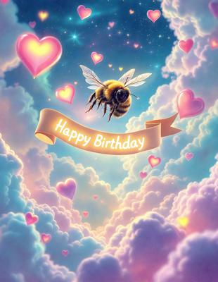 The primary subject of the image is a bee, which is depicted in a whimsical and colorful manner. The bee is surrounded by a cloudy, pink and white sky, which adds to the overall atmosphere of the scene. The visual style of the image is a combination of digital art and illustration, creating a vibrant and imaginative representation of the bee. The colors and mood of the image are predominantly pink and white, giving it a cheerful and lighthearted feel.