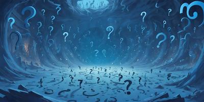 The primary subject of the image is a large number of question marks floating in a blue, swirling void. The setting appears to be a futuristic or fantastical environment, with the question marks seemingly suspended in mid-air. The visual style of the image is digital art, as the question marks are depicted in a swirling pattern, giving the impression of a dynamic and fluid space. The dominant colors in the image are blue and white, creating a sense of depth and mystery.