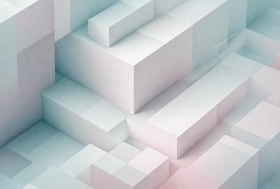 The primary subject of the image is a white, three-dimensional structure, possibly a building or a sculpture. The setting is a blue and white background, which adds a contrasting and visually appealing effect to the scene. The visual style of the image is digital art, as it appears to be a computer-generated or digitally manipulated creation. The colors and mood of the image are predominantly white and blue, giving it a clean, modern, and minimalist appearance.