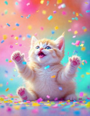 The primary subject of the image is a small, cute, and fluffy orange kitten. The kitten is sitting on a colorful surface, surrounded by confetti, which adds a festive and joyful atmosphere to the scene. The visual style of the image is a combination of photo and digital art, creating a vibrant and lively scene. The colors and mood of the image are predominantly bright and cheerful, with the orange kitten being the main focus and the confetti adding a playful touch