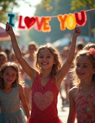 The primary subject of the image is a young girl wearing a pink shirt and holding up a sign that says "I love you." She is surrounded by a group of other people, some of whom are also holding up signs. The setting appears to be an outdoor event or gathering, with a crowd of people standing together. The visual style of the image is a photo, capturing the moment and the emotions of the people present. The colors and mood of the image are warm and positive, with the pink sh